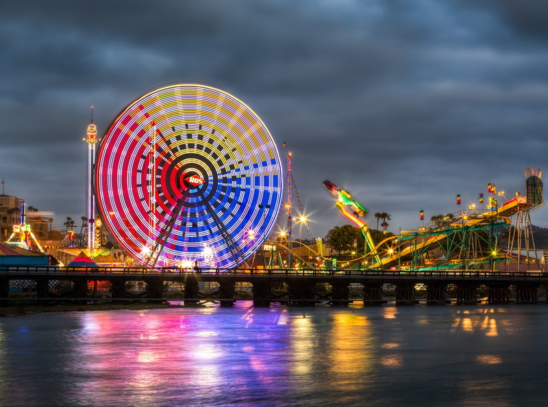 Night, no people, 4K, amusement park ride, sky, diego, illuminated, blurred motion, wheel, built structure, cloud - sky, reflection, county, California