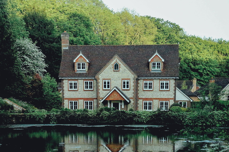 nature, mansion, luxury, surrounded, trees, home ownership, pond, building exterior, row house, plants, reflection, lake, waterfront, gray, neighborhood