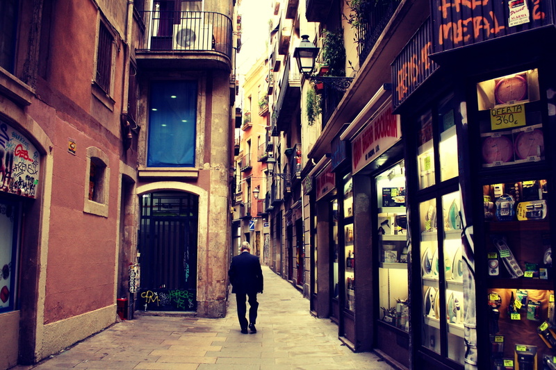 direction, city, town, 1080P, rear view, street, day, pavement, one person, shops, residential district, narrow, building, man, adult, alley, built structure