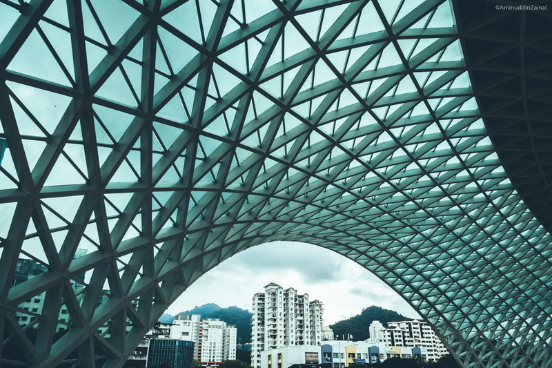 city, sky, setia spice canopy, arch bridge, low angle view, arch, girder, architecture, modern, financial district, skyscraper, connection, malaysia, building exterior
