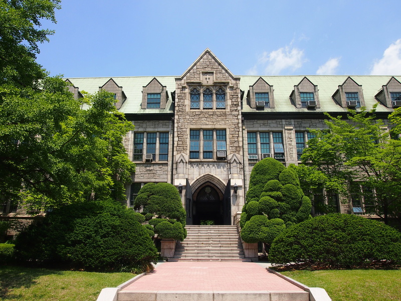 ewha womans university, sky, seoul, day, korea, window, architecure, mansion, concrete, no people, green color, formal garden, entrance, built structure