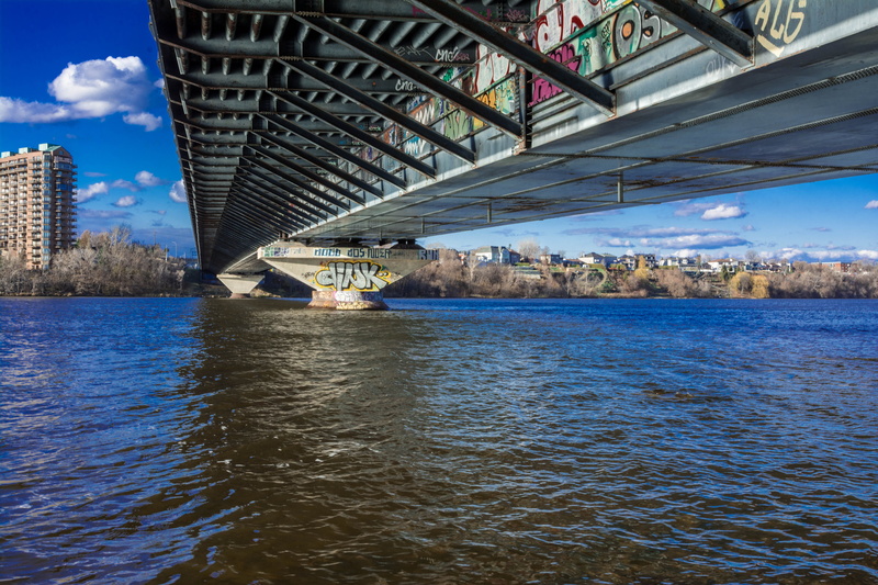 underneath, river, skyscraper, waterfront, art, architecture, cloud - sky, sky, built structure, 5K, transportation, day, building exterior, no people