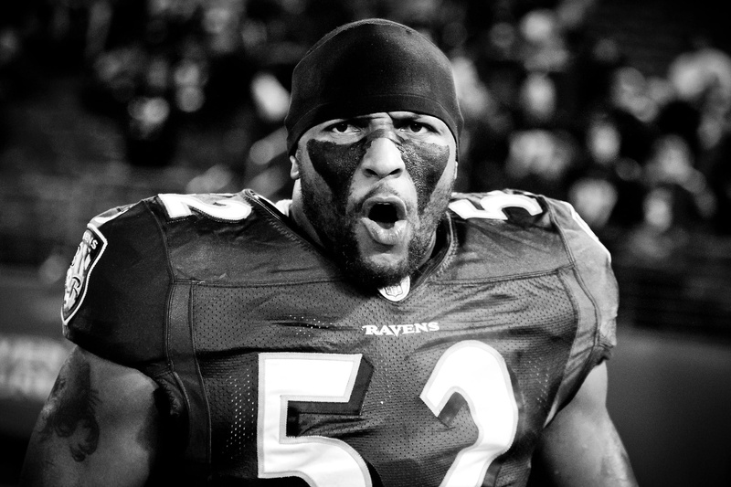 headshot, focus on foreground, outdoors, men, portrait, serious, ravens, jersey, adult, bw, one Person, lifestyles, day, real people, american football - sport