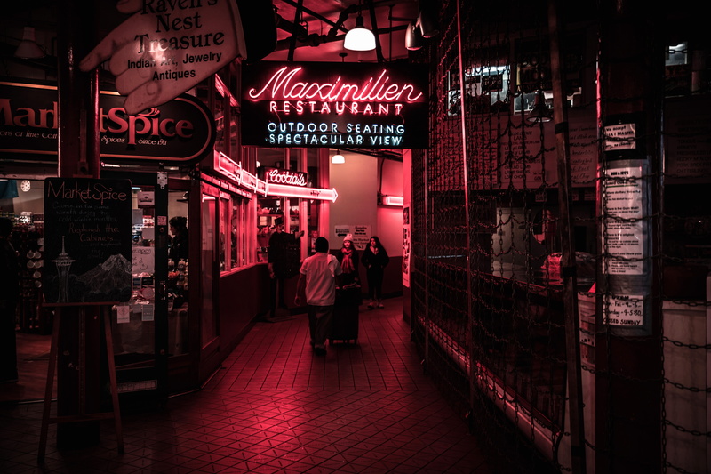 real people, sign, script, non-western script, built structure, city Life, lighting equipment, urban Scene, Seattle, group of people, nightlife, city, technology