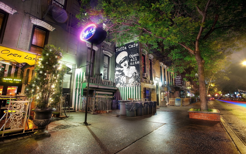 urban Scene, dusk, travel Destinations, uSA, famous Place, cafe, green, lighting Equipment, nature, street, built Structure, restaurant, city, building Exterior