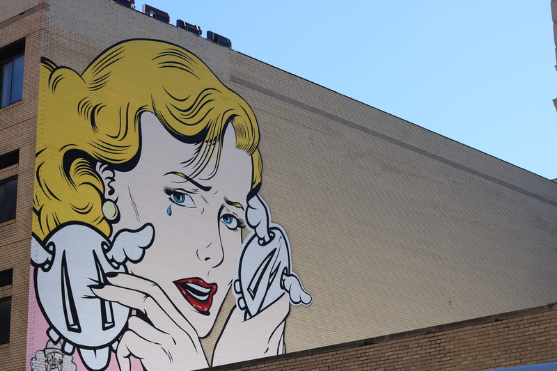 art and craft, blue, clear sky, outside, holding, items, mural, 5K, wall - building feature, facade, street, human representation, creativity, building