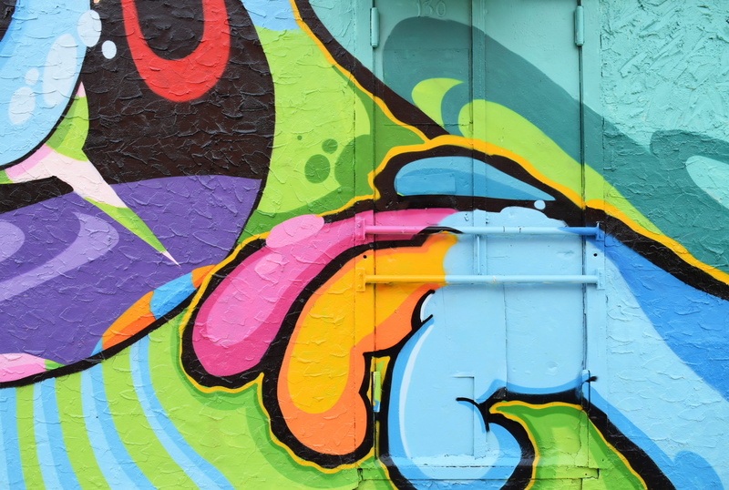 brooklyn, day, vibrant color, urban, character, full frame, art, 5K, art and craft, graffiti, no people, brightly, creativity, spray paint, paint, purple
