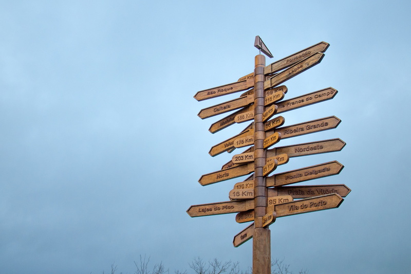 clear sky, directional sign, direction, blue background, indecision, symbol, text, sky, outdoors, addresses, arrows, blue, no people, communication, brown
