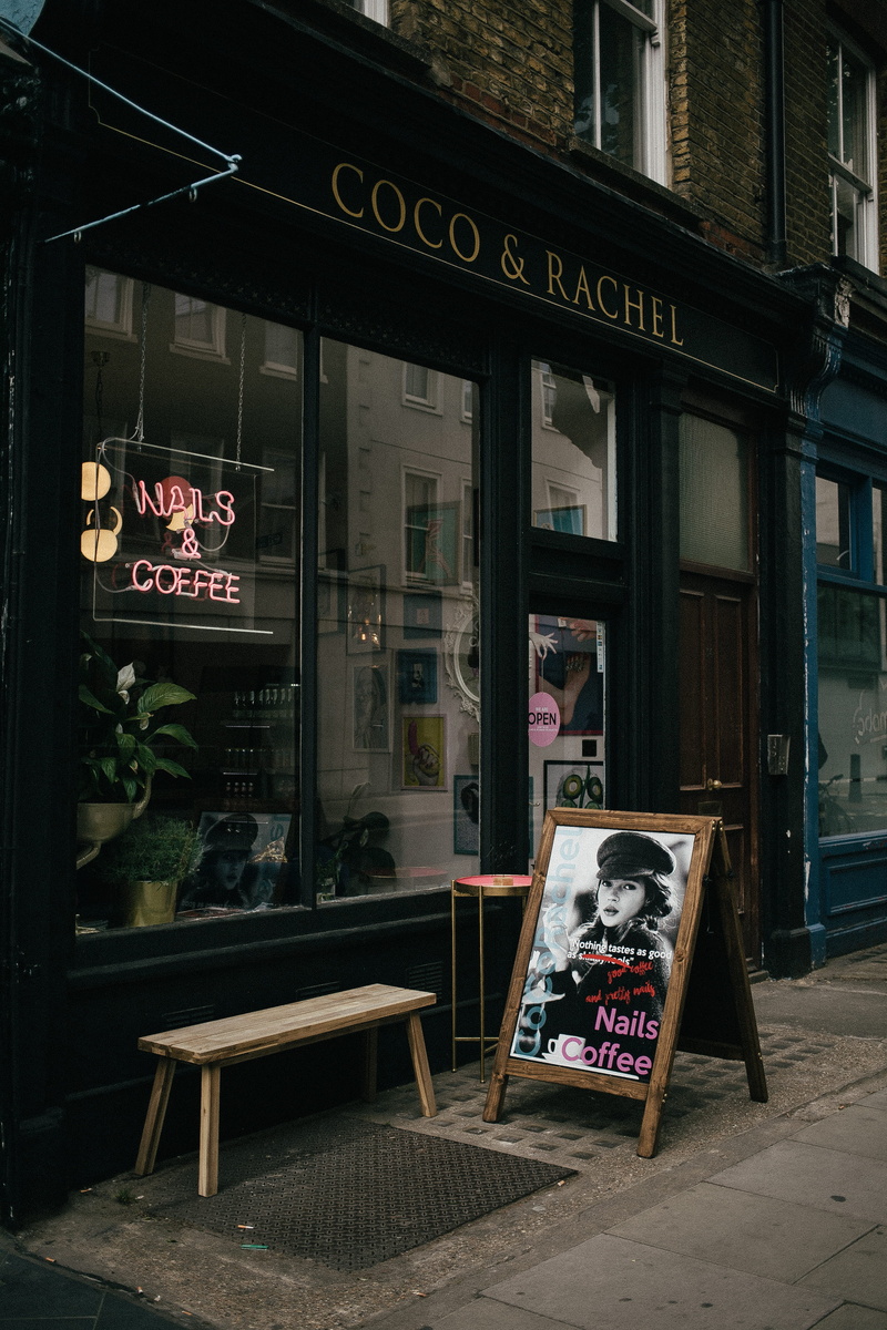 street, store, glass - material, restaurant, rachel, sign, architecture, commerce, signage, non-western script, travel, sandwich, coffee, text, nails, 4K