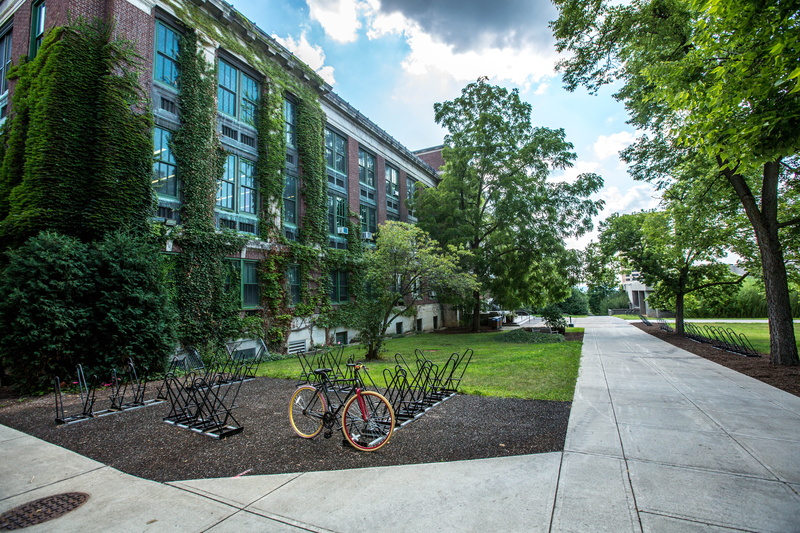 building exterior, transportation, day, outdoors, land vehicle, university, park, mode of transportation, plant, parked, sky, city, built structure, 5K