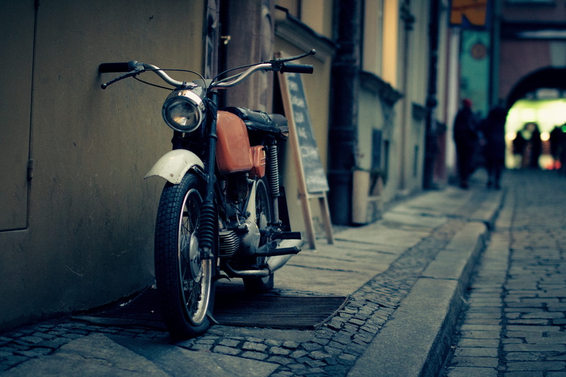 architecture, brick, sidewalk, transportation, gray, wall, 5K, standard, photography, engine, vintage, land vehicle, black, red, motorbike, old, stationary