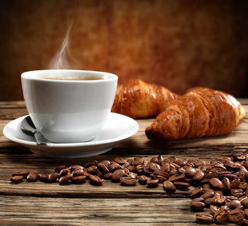 brown, roasted, close-up, coffee - Drink, backgrounds, cafe, growing, bread, dark, Breakfast, baked, espresso, drink, beans, croissant, caffeine, Cup, meal
