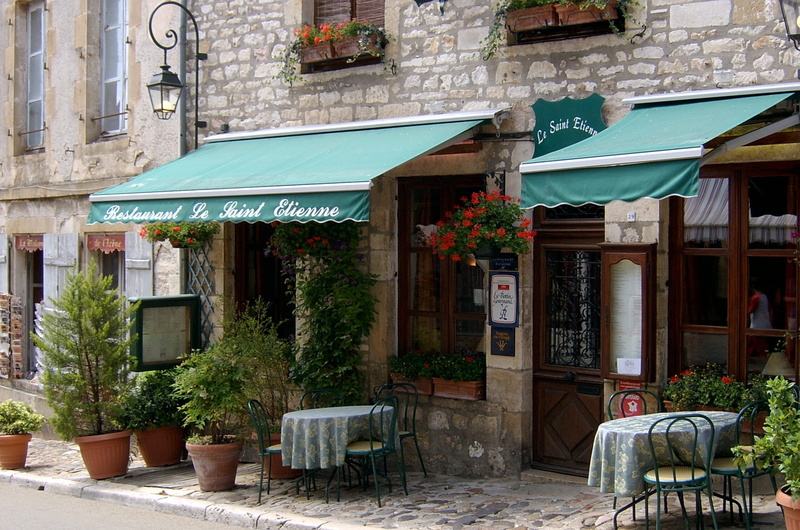 French Restaurant, no people, outdoors, 1080P, communication, potted plant, france, day, city, chair, plant, street, architecture, French Village, french