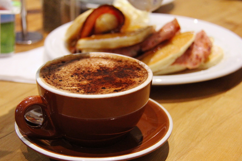indoors, ham, crockery, lunch, cream, pancakes, western, table, hot drink, meals, freshness, mug, no people, temptation, breakfast, focus on foreground