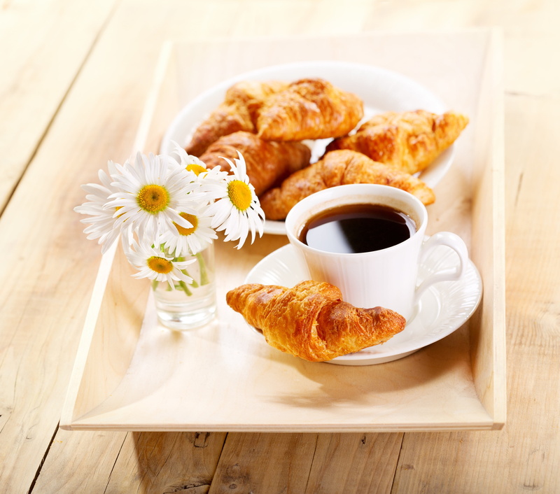 close-up, drink, coffee - Drink, flowers, bread, tray, french food, pastry, cup, dessert, snack, gourmet, wood - Material, plate, morning, coffee Cup, indulgence