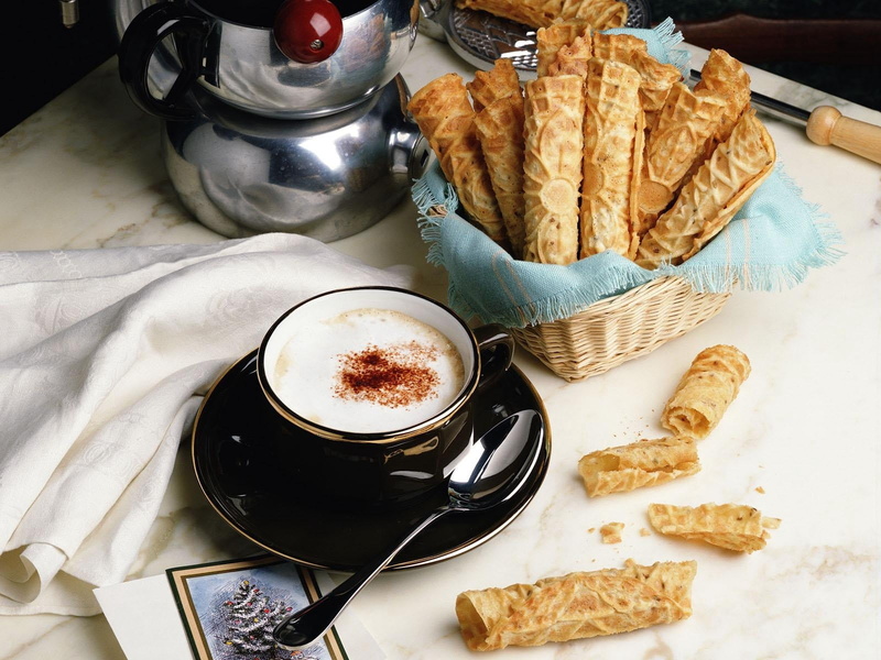 caffeine, still life, frothy drink, 720P, milk, crumbs, cup, tubules, bakery, waffles, gourmet, crockery, bread, saucer, refreshment, kitchen utensil