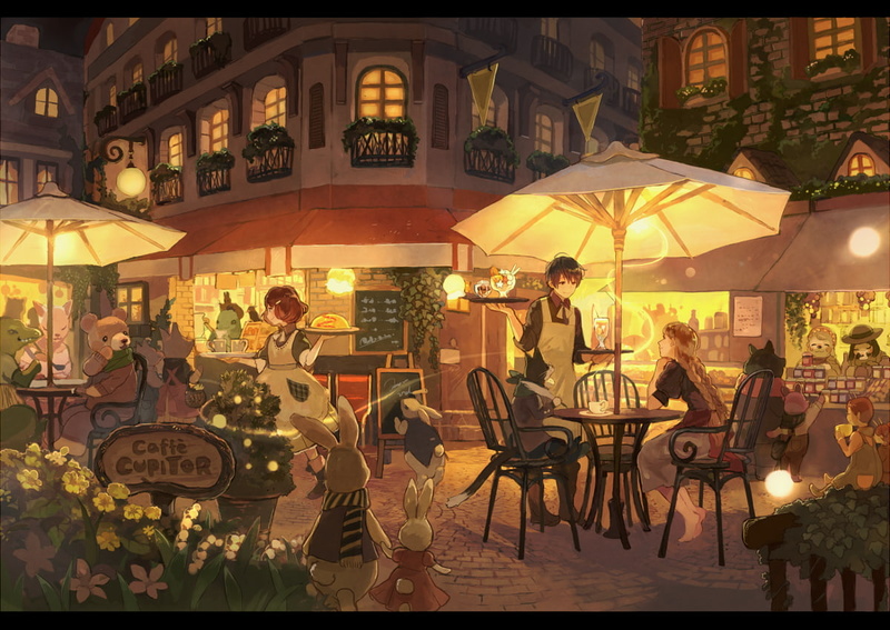 table, anime, building exterior, seat, cafe, women, illuminated, 480P, chair, restaurant, men, real people, night, transfer print, built structure, text