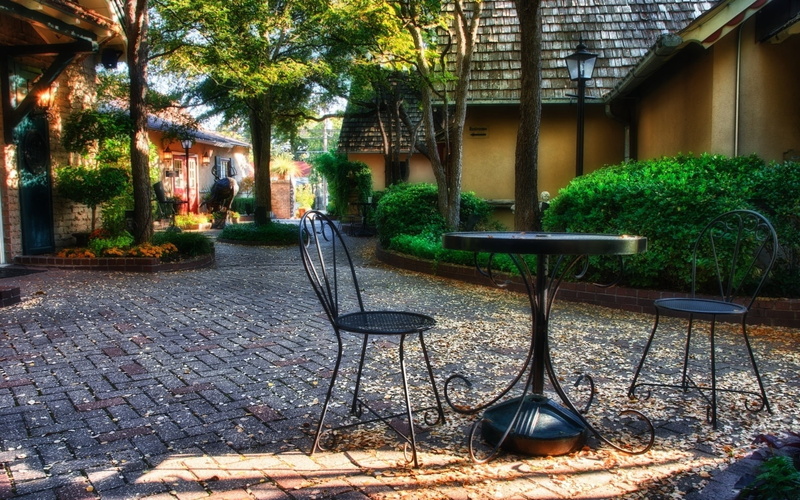 table, town, set, patio, street, window, sidewalk, garden, formal Garden, city, seat, outdoors, paving stone, restaurant, no People, nature, park, plants