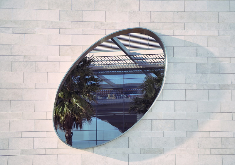 palm, circle, architecture, reflection, trees, design, palm tree, green, wall - Building Feature, nature, pathway, oval, two, glass - Material, geometric shape
