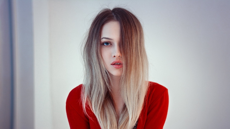 contemplation, portrait, women, long hair, hairstyle, adult, hair in face, beautiful people, 1080P, make-up, one person, red, beauty, fashion, face, beautiful woman