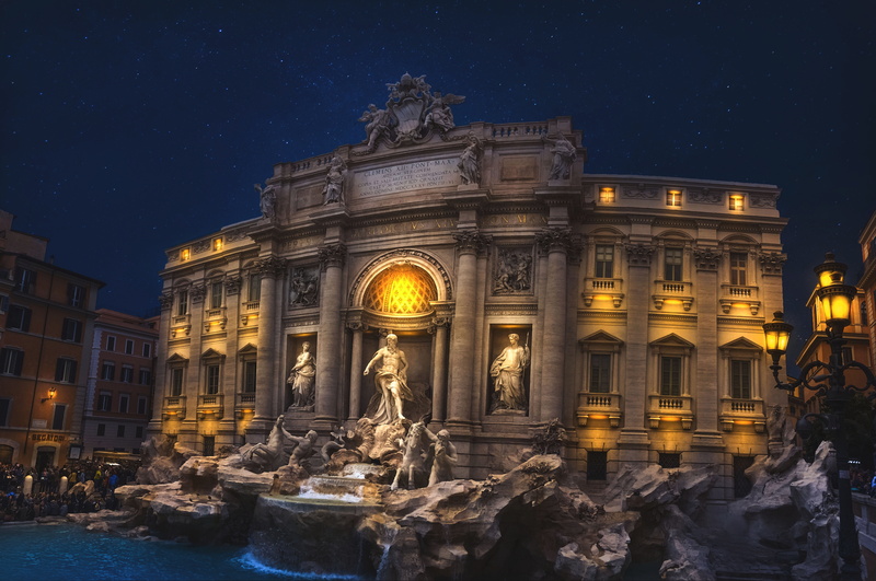 representation, outdoor, architecture, travel, blue, human representation, europe, illuminated, panorama, night, 5K, art and craft, landscape, fountain