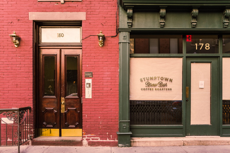 day, brick wall, outdoors, facade, buildings, 5K, wall, coffee shop, footpath, text, store, nyc, door, closed, business, building exterior, concrete, entrance