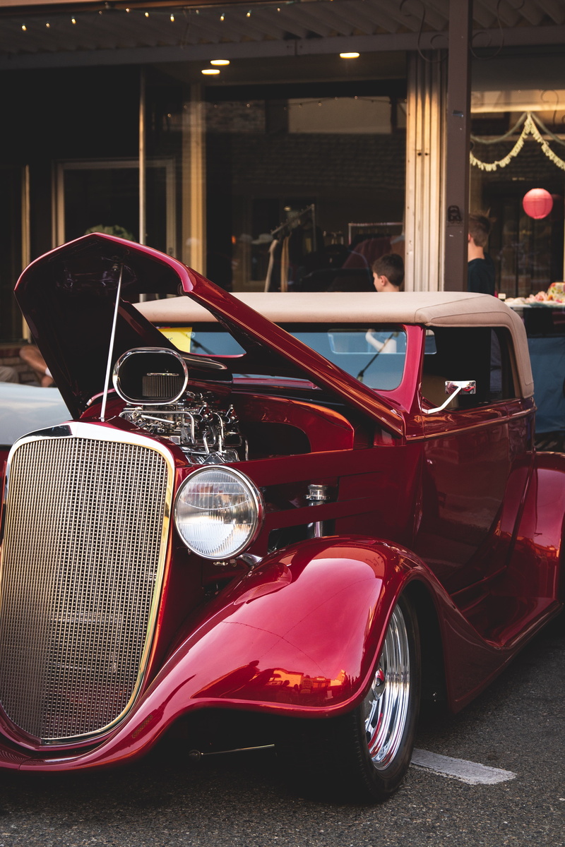 street, headlight, wheel, no people, vehicle, architecture, transportation, storefront, land vehicle, person, car show, vintage car, small town, hot rod