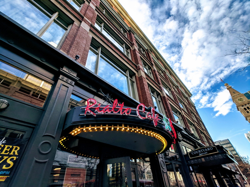 information, day, rialto, cloud - sky, windows, 4K, neon, nature, building exterior, text, reflections, architecture, colorado, denver, cafe, building