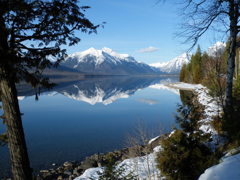mcdonald, water, sky, canada, Lake McDonald, 1080P, outdoors, day, environment, tranquil scene, mountain peak, winter, Montana, mountain Range, plant