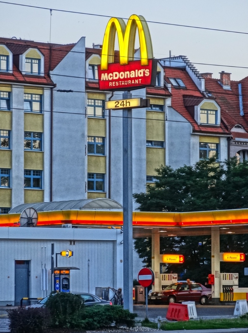 building, built structure, no people, day, architecture, restaurant, western script, poland, mode of transportation, red, urban, 720P, street, sign, telephone