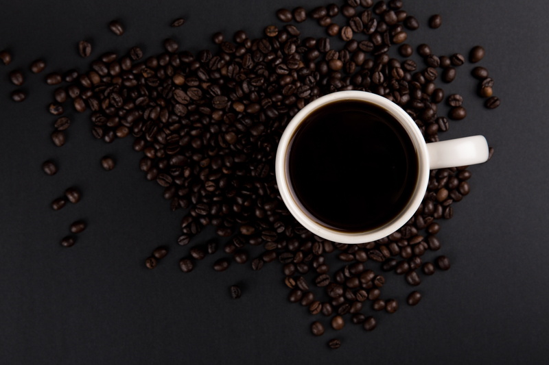 black background, non-alcoholic beverage, still life, espresso, drink, roasted coffee bean, food, mug, coffee cup, freshness, studio shot, latte, large group of objects
