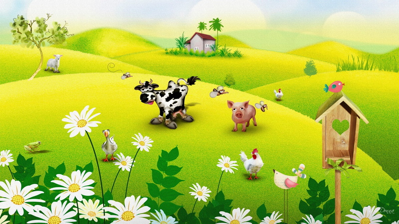 cow, houses, hd, fields, 1080P, old, mcdonalds, art, nature, farm, Bird, country, bird houses, chickens, bugs
