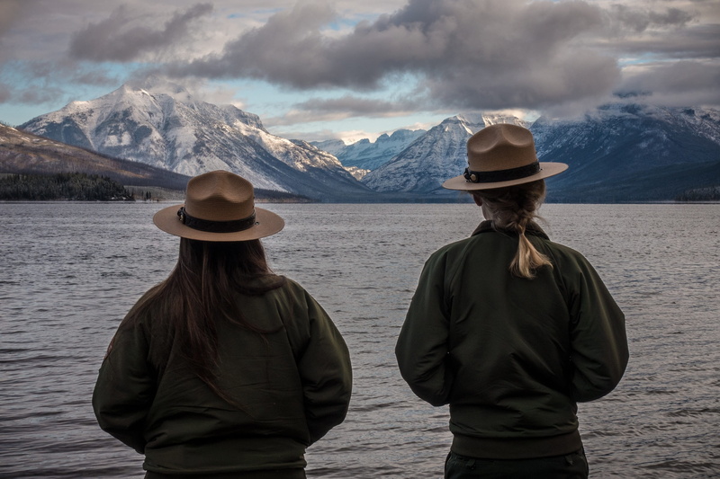 evening, mountain range, winter, clothing, national park, glacier, sky, montana, twilight, scenics - nature, rangers, snowcapped mountain, people, lake mcdonald