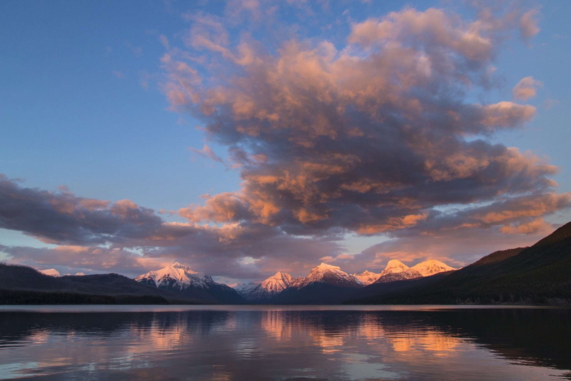 water, mountains, beauty in nature, landscape, reflection, wilderness, 1080P, idyllic, cloud - sky, twilight, dusk, serene, glacier national park, clouds