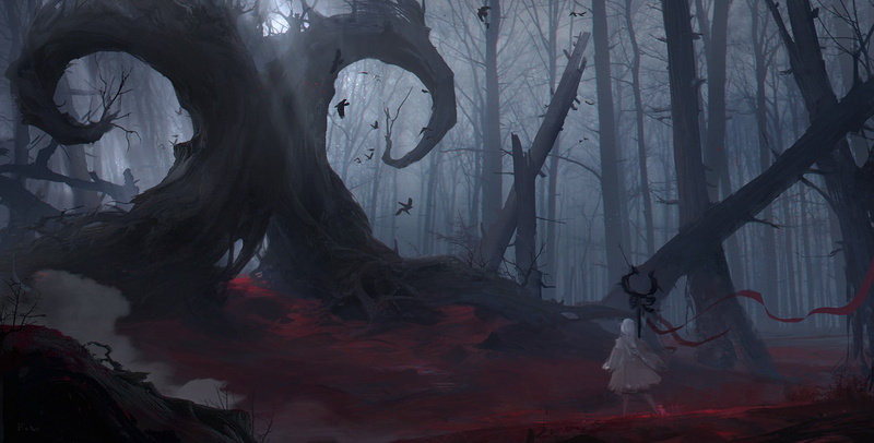 tree, fog, facing, nature, artwork, art and craft, spirituality, male likeness, dark, trees, tree trunk, birds, trunk, forest, no people, smoke - physical structure