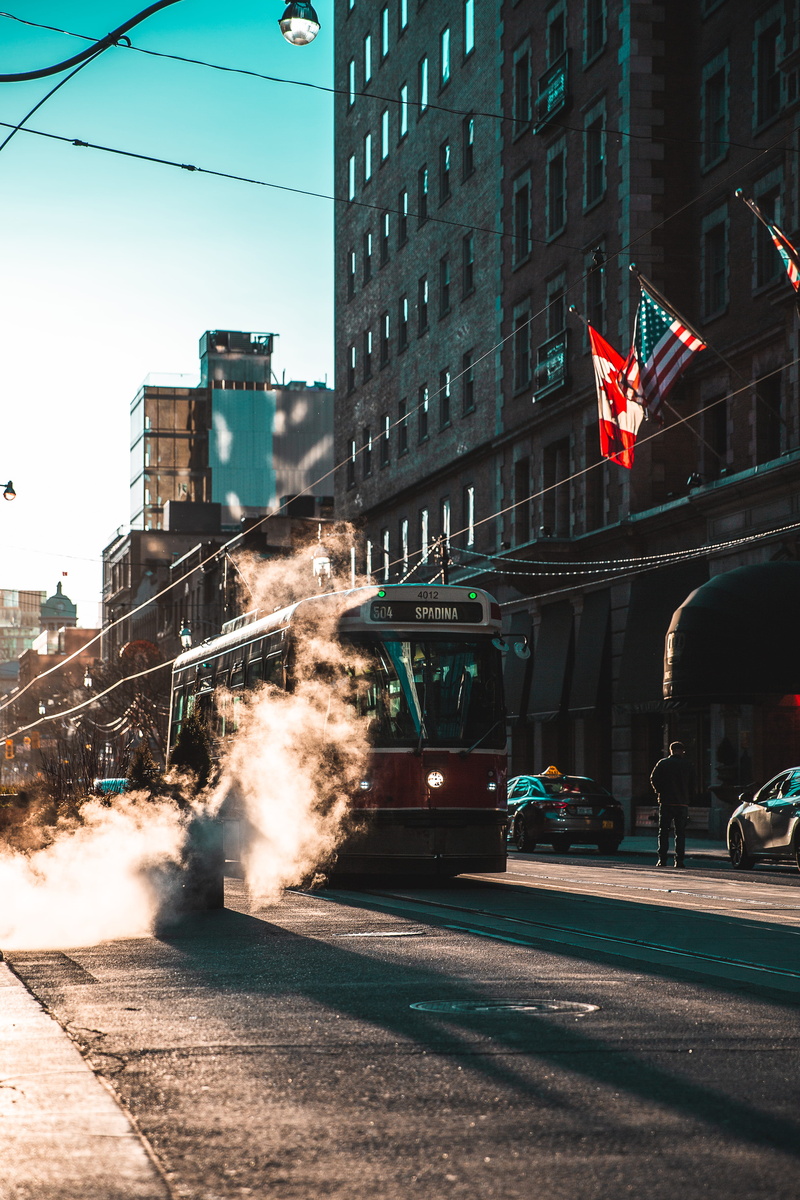 street, transportation, blue, black, smoke, commute, land vehicle, shadow, day, office building exterior, nature, outdoors, red, 5K, morning, tram, public transportation