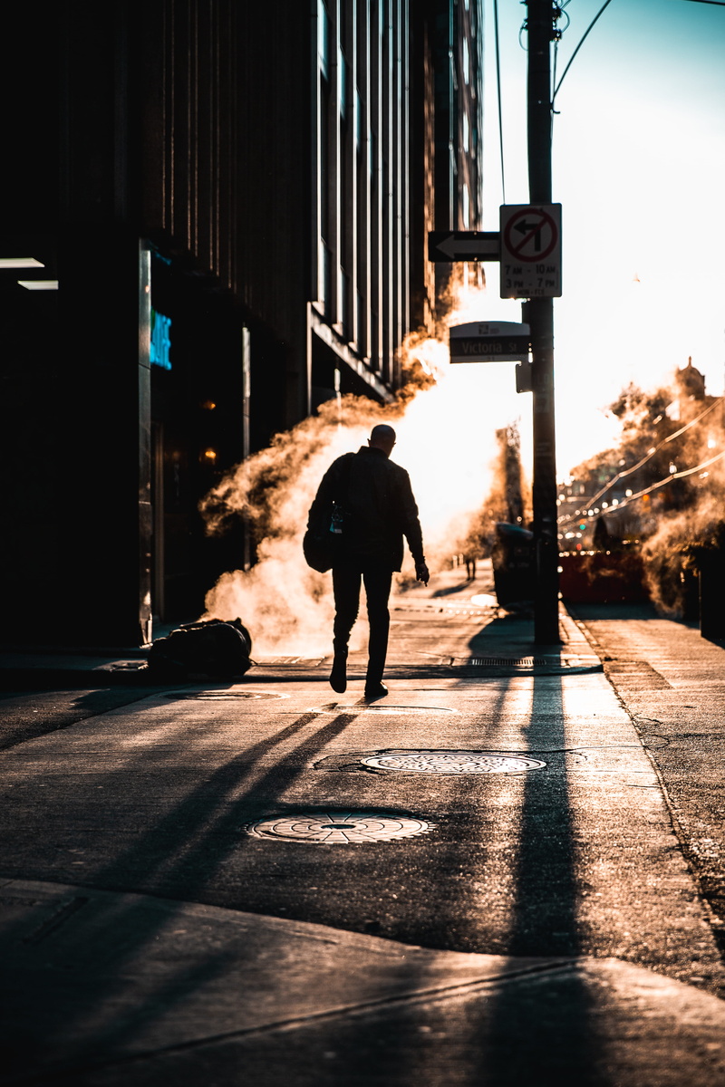 smoke, built structure, city, walk, sunset, full length, city life, shadow, road, silhouette, black, street, nature, sunlight, sunrise, person, building exterior
