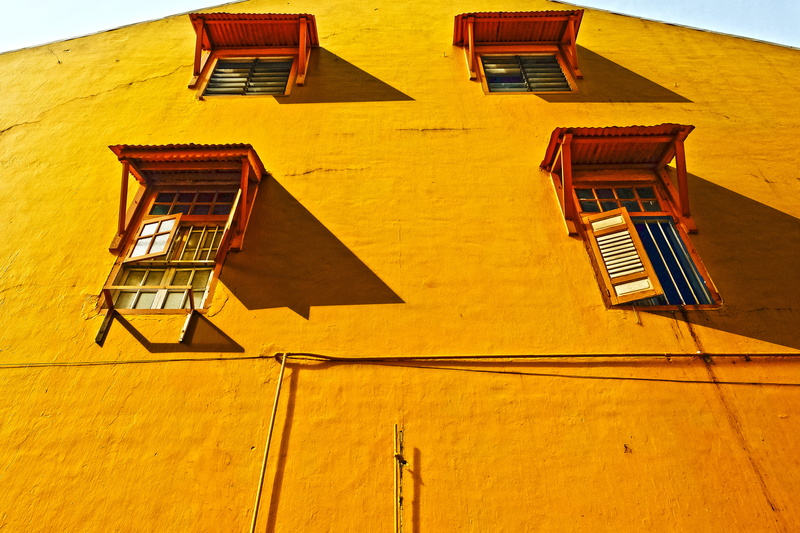 angle, architecture, house, low, low angle view, concrete, sunlight, wall - Building Feature, multi Colored, window, building Exterior, orange color, orange
