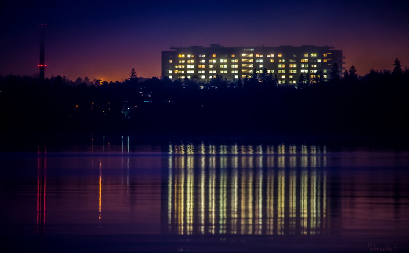Reflections, illuminated, Lights, sky, no people, Night, building exterior, nature, Hospital, Building, architecture, Lake, city life, dusk, office building exterior