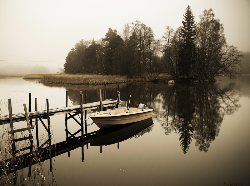 lake, no people, plant, Dock, Sepia, slicesoftime, tranquil scene, Island, mode of transportation, standing water, transportation, Boat, white, moored