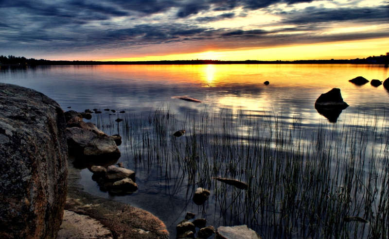 rock - object, beauty in nature, solid, Southern, sunrise, reflection, tranquil scene, kotka, sky, sunset, lake, rock, Lakes, non-urban scene, orange color