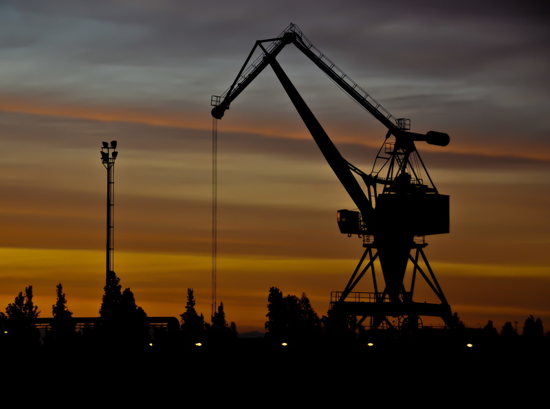 4K, crane, Sunset, orange color, industry, Silhouette, kotka, construction equipment, water, construction industry, transportation, development, mode of transportation