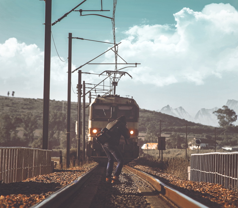 blue, adult, railroad car, track, lifestyles, train - vehicle, sky, mode of transportation, transportation, men, train, people, daytime, person, moving