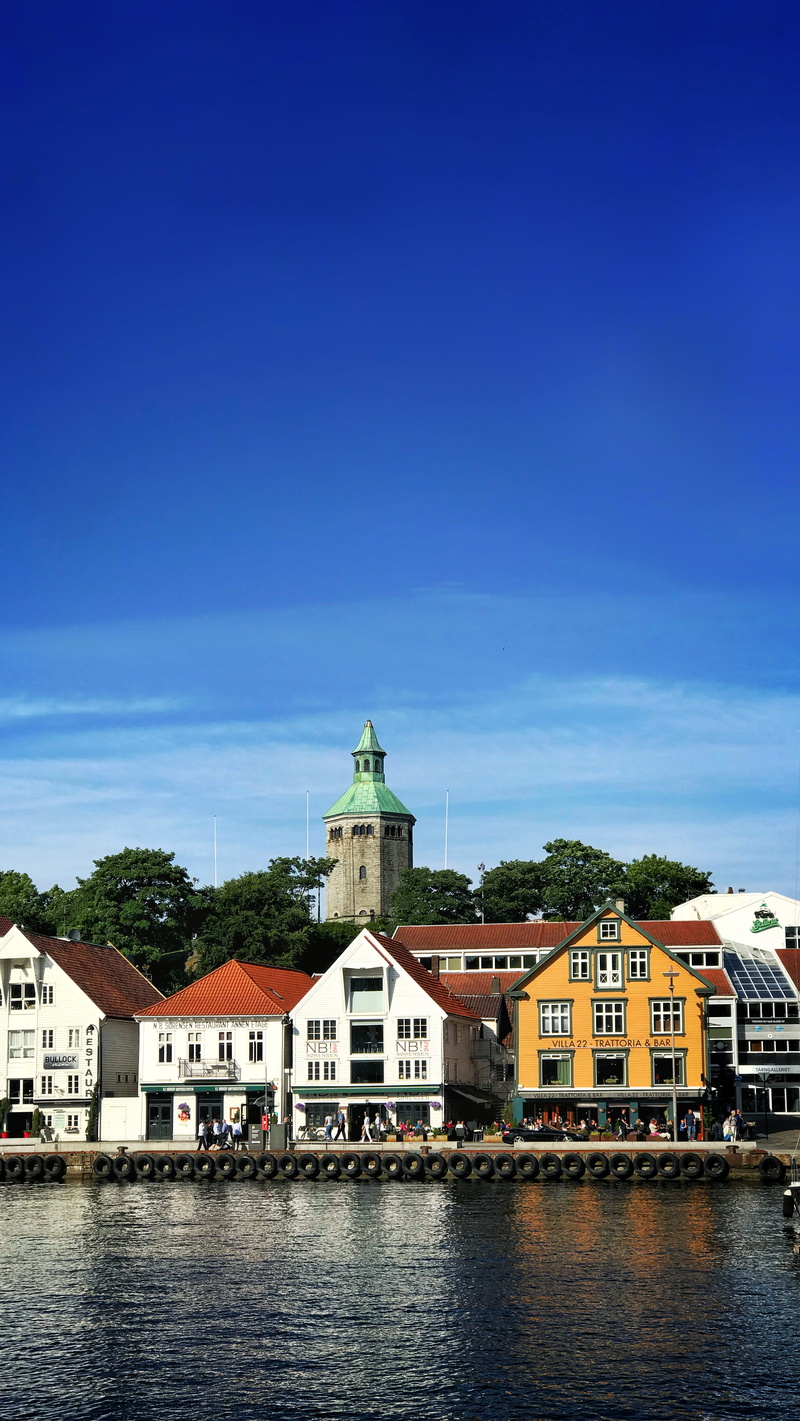 blue, tower, urban, yellow, sky, religion, 5K, water, town, outdoors, architecture, spire, stavanger, strandkaien 36, norway, waterfront, canal, roof
