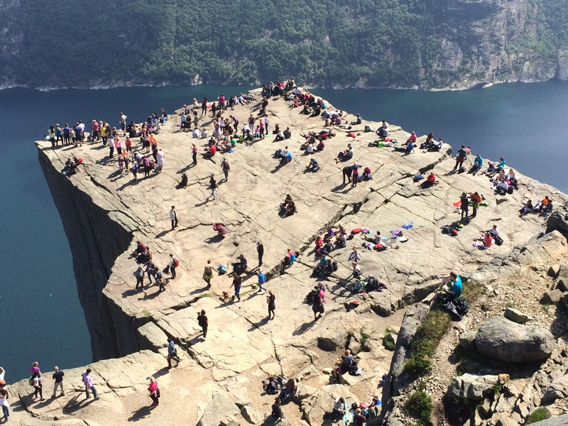 water, standing, lifestyles, scenics - nature, crowd, group of people, travel destinations, norway, cliff, leisure activity, pulpit, travel, outdoors, stavanger
