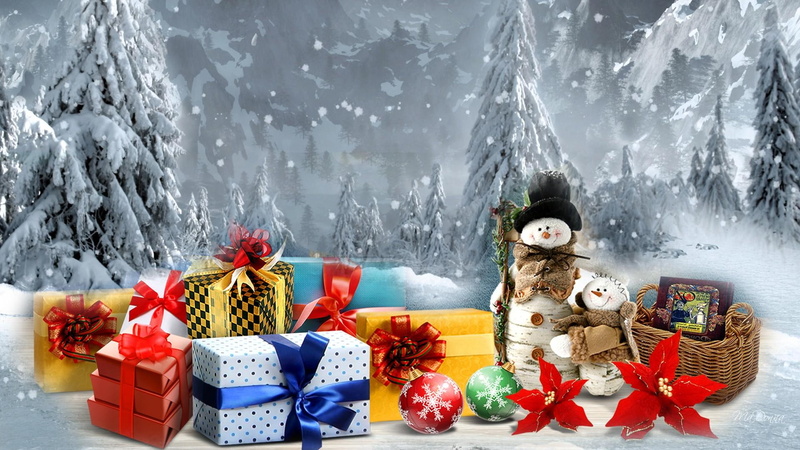 cold, balls, winter, snowing, snowman, gifts, flowers, 1080P, christmas, snow, presents, trees, poinsettias, forest, time