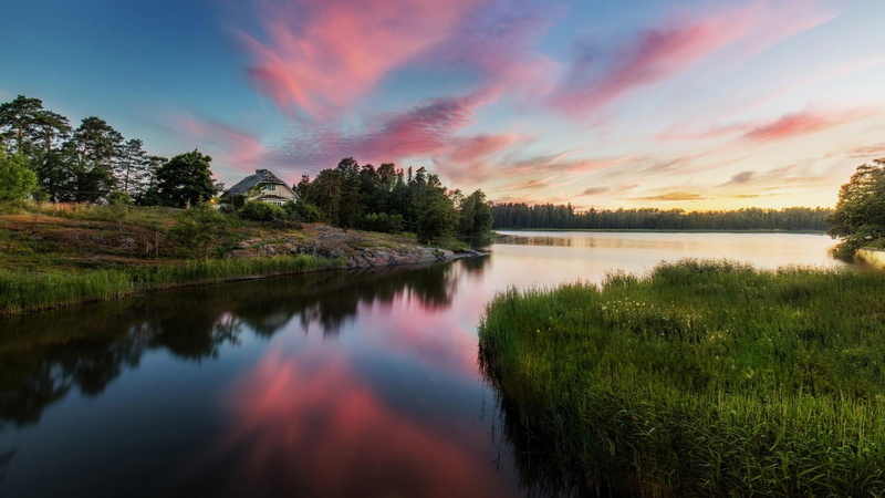 1080P, tranquil scene, sky, cloud, plant, no people, waterway, scenics - nature, tranquility, bank, reflection lake, tree, idyllic, finland, water, green color