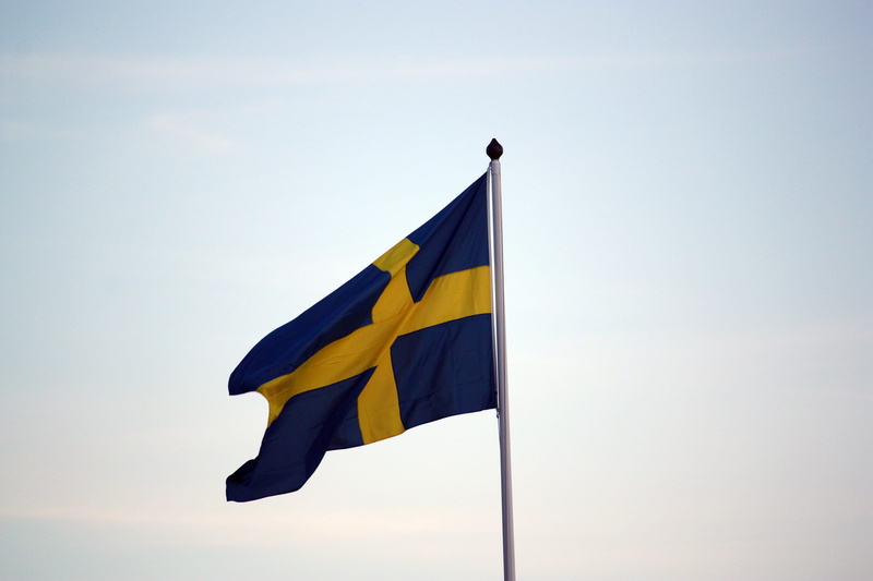 Flag, blue, waving, Midsummer, outdoors, sky, pole, patriotism, national Flag, copy space, no people, Sweden, day, nature, 4K, low angle view, emotion