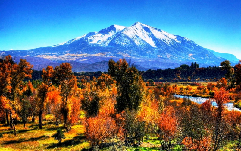snow, scenics - nature, snowy peak, cold temperature, environment, river, change, plant, 720P, tree, grass, land, autumn, mountain peak, blue, trees, autumn collection