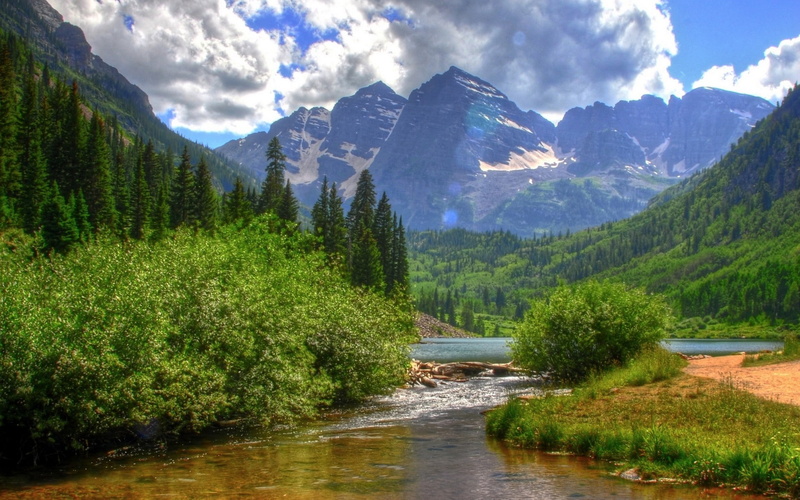 snowy mountain, pine trees, river, landscape, nature, 1080P, trees, mountains